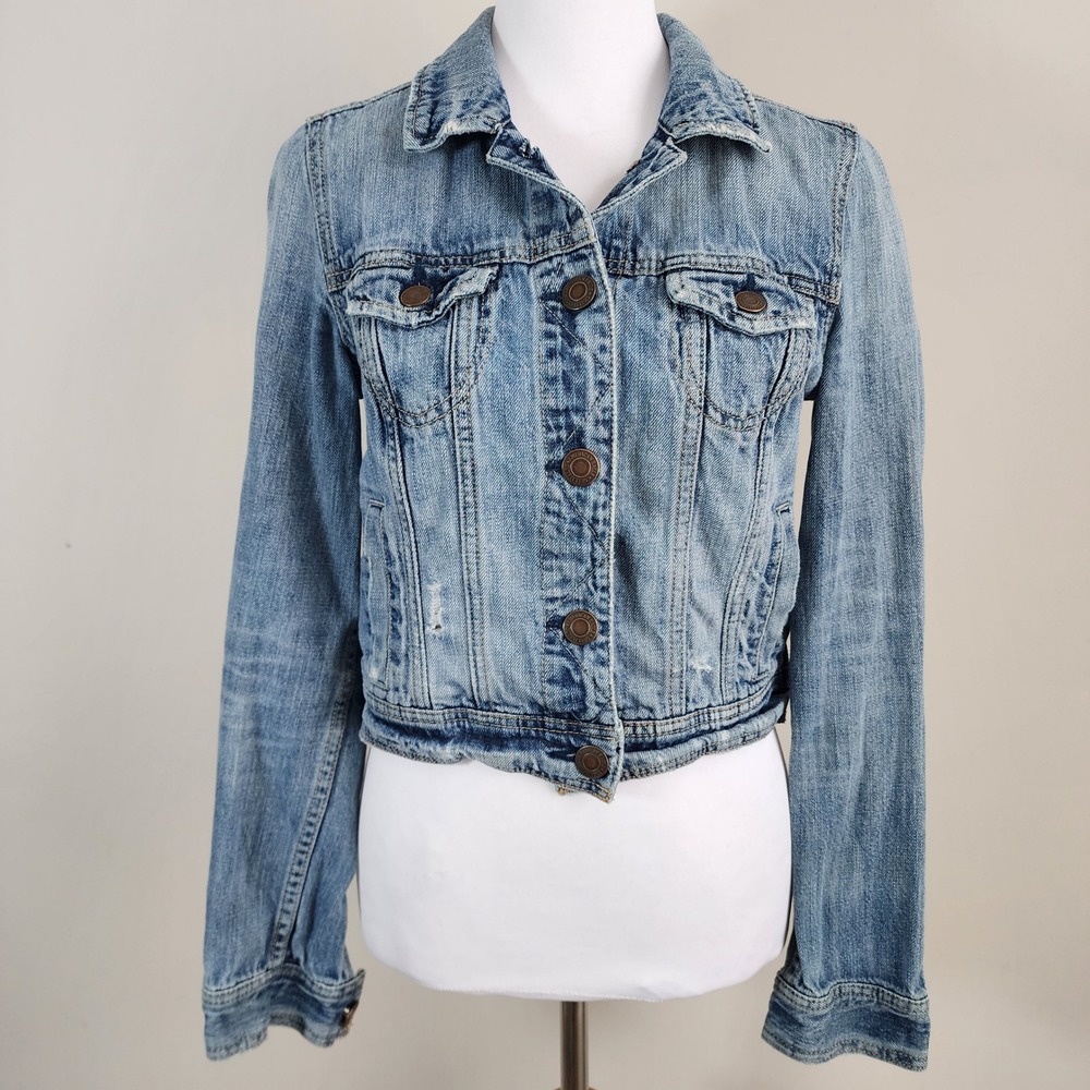 American Eagle Denim Jacket Womens Small Blue Distressed Trucker Jean Rugged Y2K
